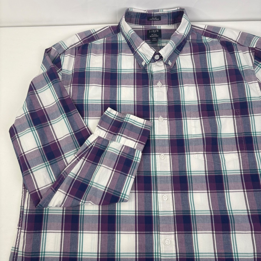 J.Crew Flex Washed Slim Untucked Plaid Button Down Shirt Purple Teal White XXL